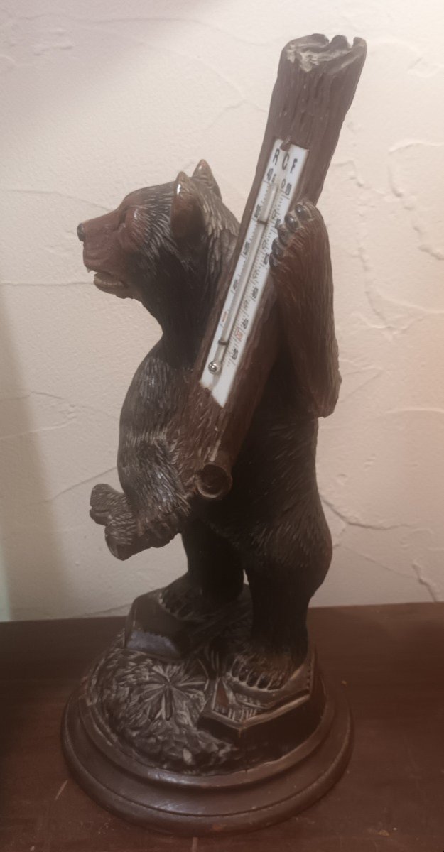 Foret Noire: Carved Wooden Bear Holding A Thermometer 19th Century -photo-3