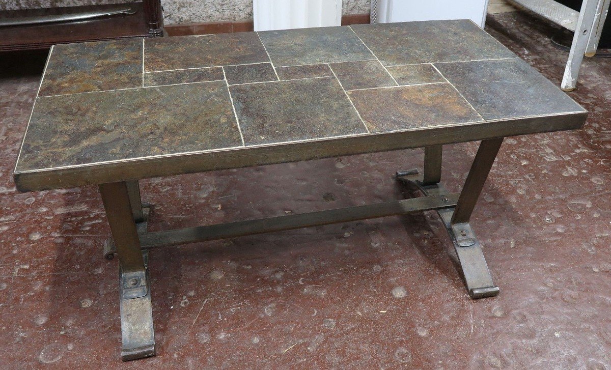 Wrought Iron And Slate Coffee Table Attributed To Jacques Adnet