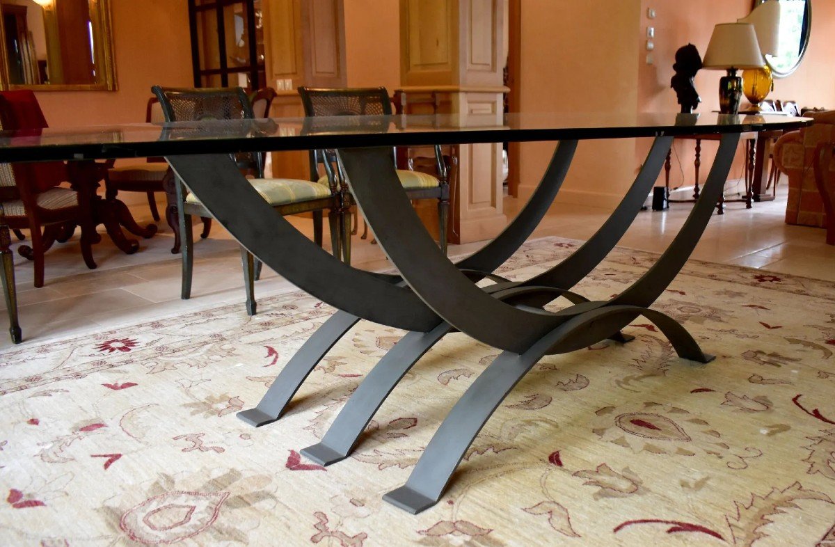 Pièce Unique Faite Sur Mesure; Très Belle Et Grande Table En Verre Et Acier Des Années 80-photo-3