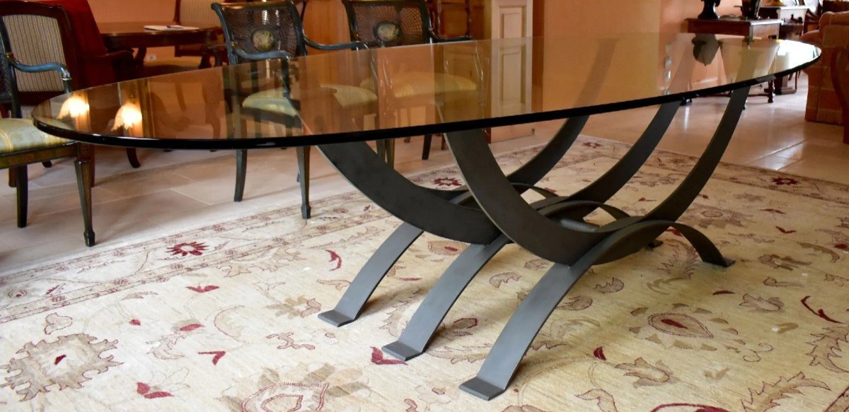 Pièce Unique Faite Sur Mesure; Très Belle Et Grande Table En Verre Et Acier Des Années 80