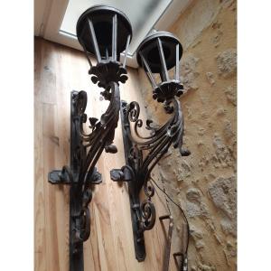 Very Large Pair Of Exterior Wall Lights In Wrought Iron