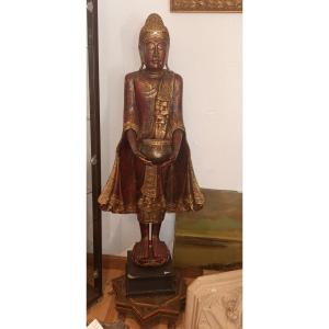 Grand Bouddha  Birman En Bois Et Incrustation De Miroirs