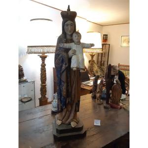 Large Virgin And Child In Polychrome Wood Late 18th Early 19th Century