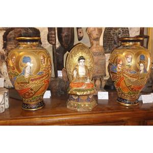 Japan; Buddha Set And 2 Satsuma Vases, Meiji Period