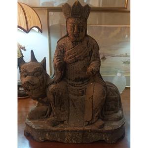 Chine Sculpture En Bois , Fin 19eme Siècle Représentant Un Dignitaire Assis Sur Un Chien