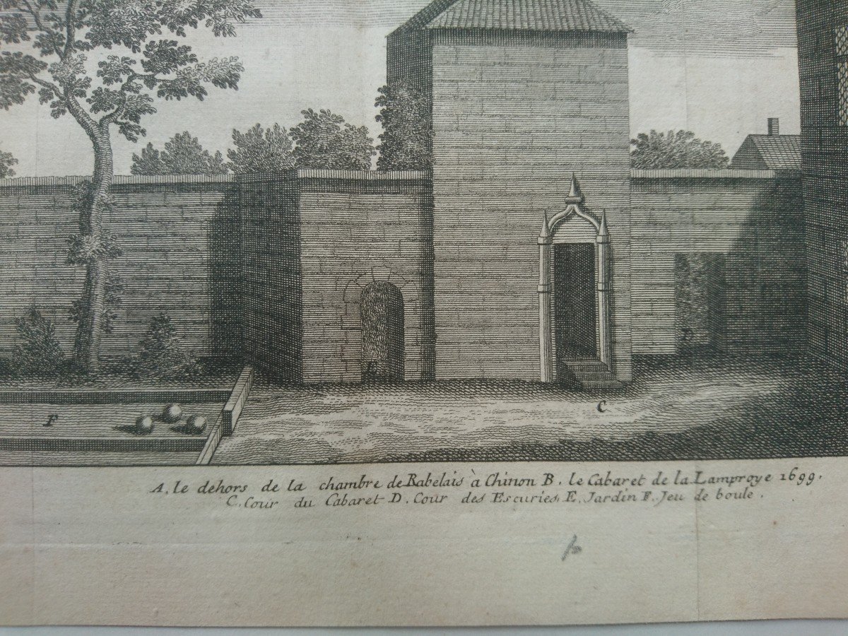  lot de 2 Gravures XVIII  Rabelais Chinon Cabaret De Lamproye 1699 + Chambre de Rabelais-photo-3