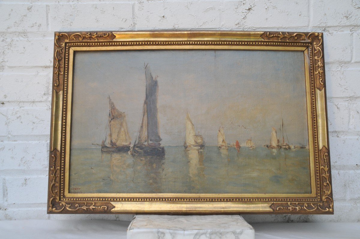 P.j. Clays: Bateaux De Pêche Sur Une Mer Calme , école Belge.-photo-4