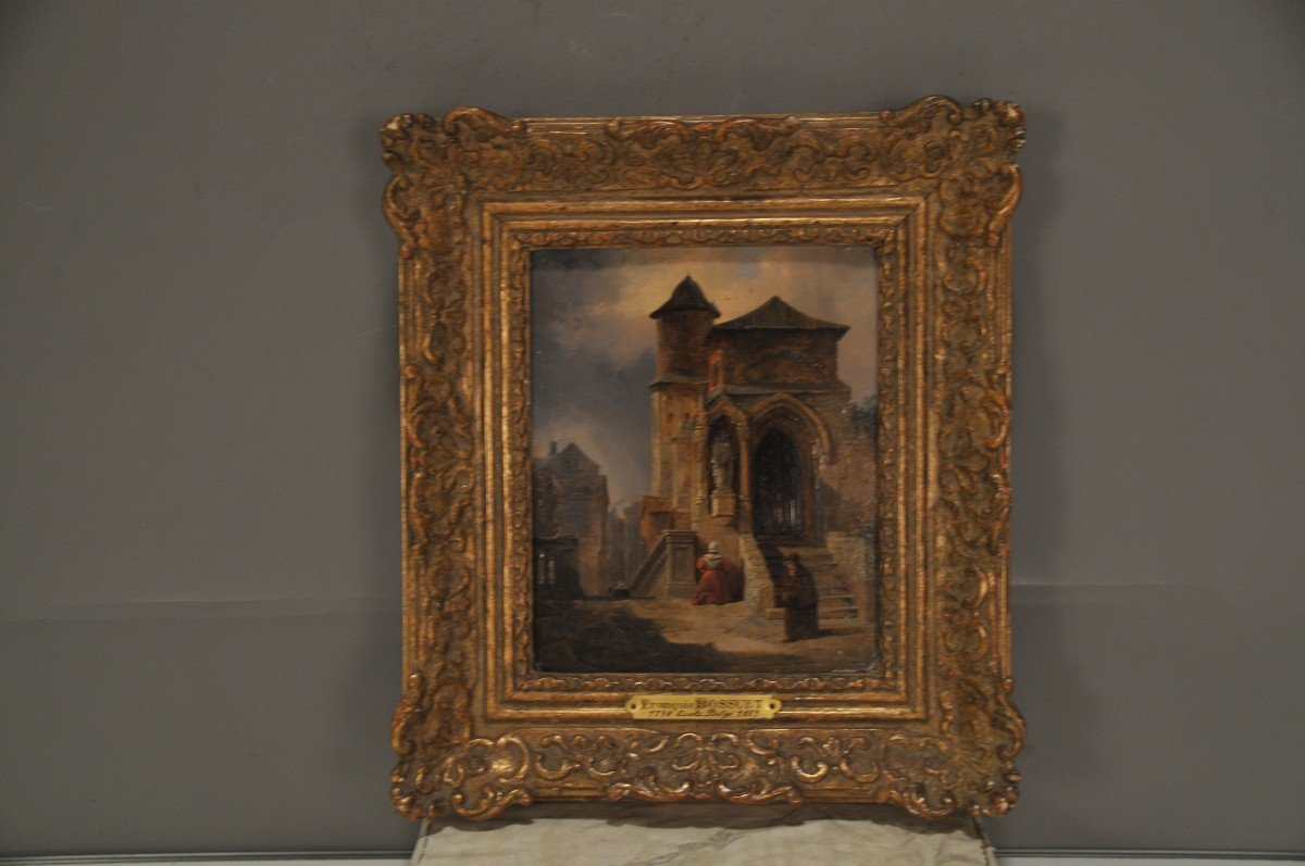 Town Corner With Woman Praying Signed François Bossuet 