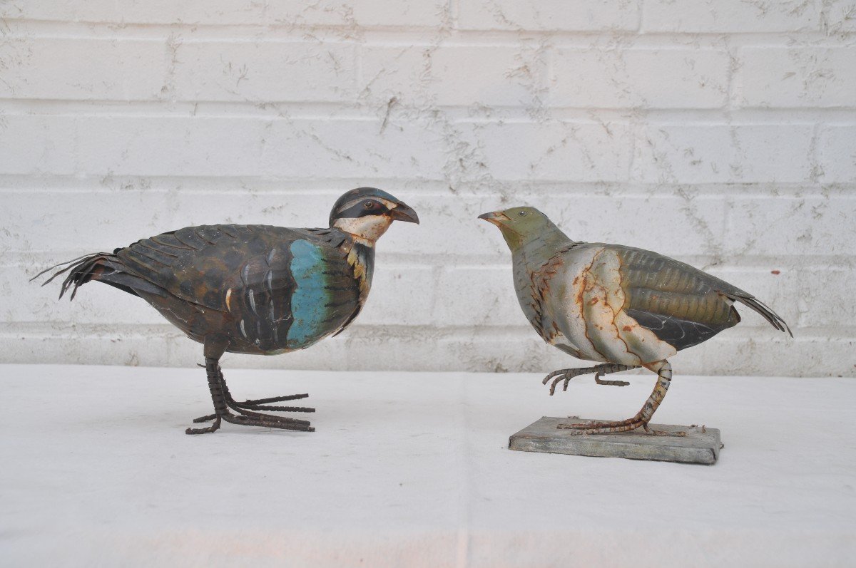 Two Partridges In Painted Tin 