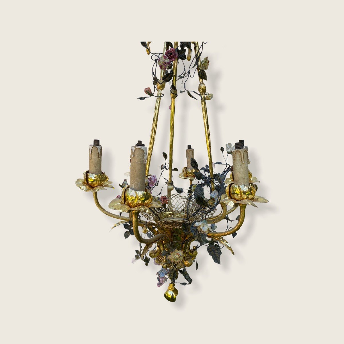 Six-branch Bronze Basket Chandelier Enhanced With Porcelain Flowers.-photo-3