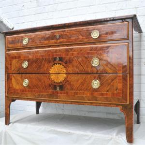 Italian Louis XVI Period Commode In Walnut Marquetry From Northern Italy Circa 1780.