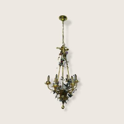 Six-branch Bronze Basket Chandelier Enhanced With Porcelain Flowers.