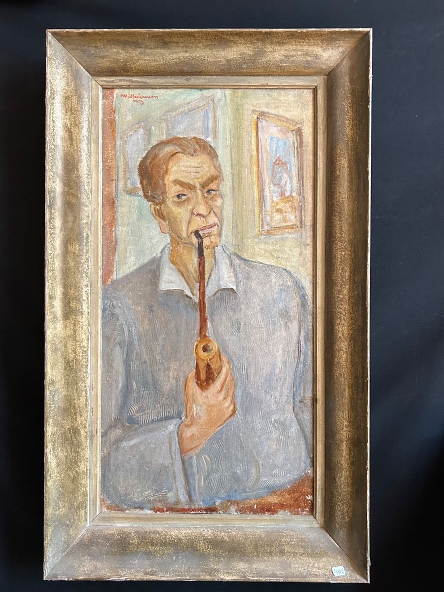 Oil On Canvas Depicting A Man With A Pipe