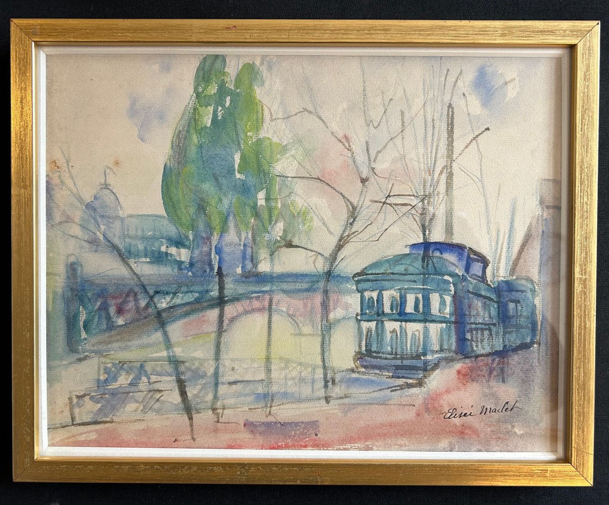 Aquarelle Sur Papier Représentant Un Bateau-lavoir Sur La Seine signée d'Élisée Maclet