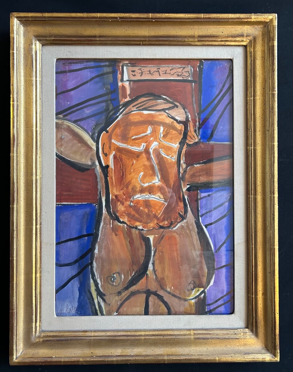 Gouache Sur Papier Représentant Un Christ Stylisé signé de Louis Latapie