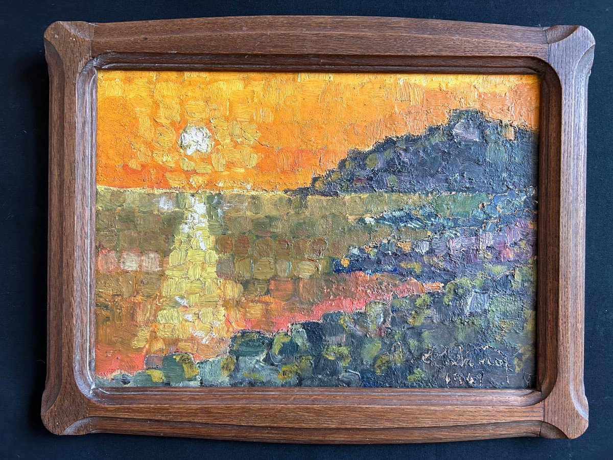 Oil On Isorel Representing A Sunset On The Sea