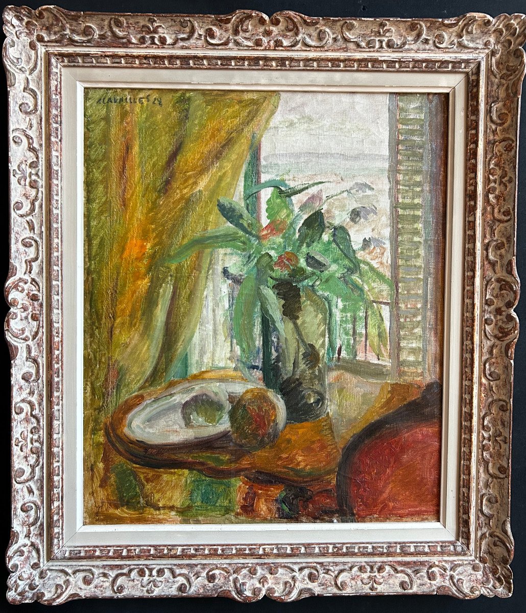 Oil On Canvas Signed Jules Cavaillès «still Life On A Windowsill »