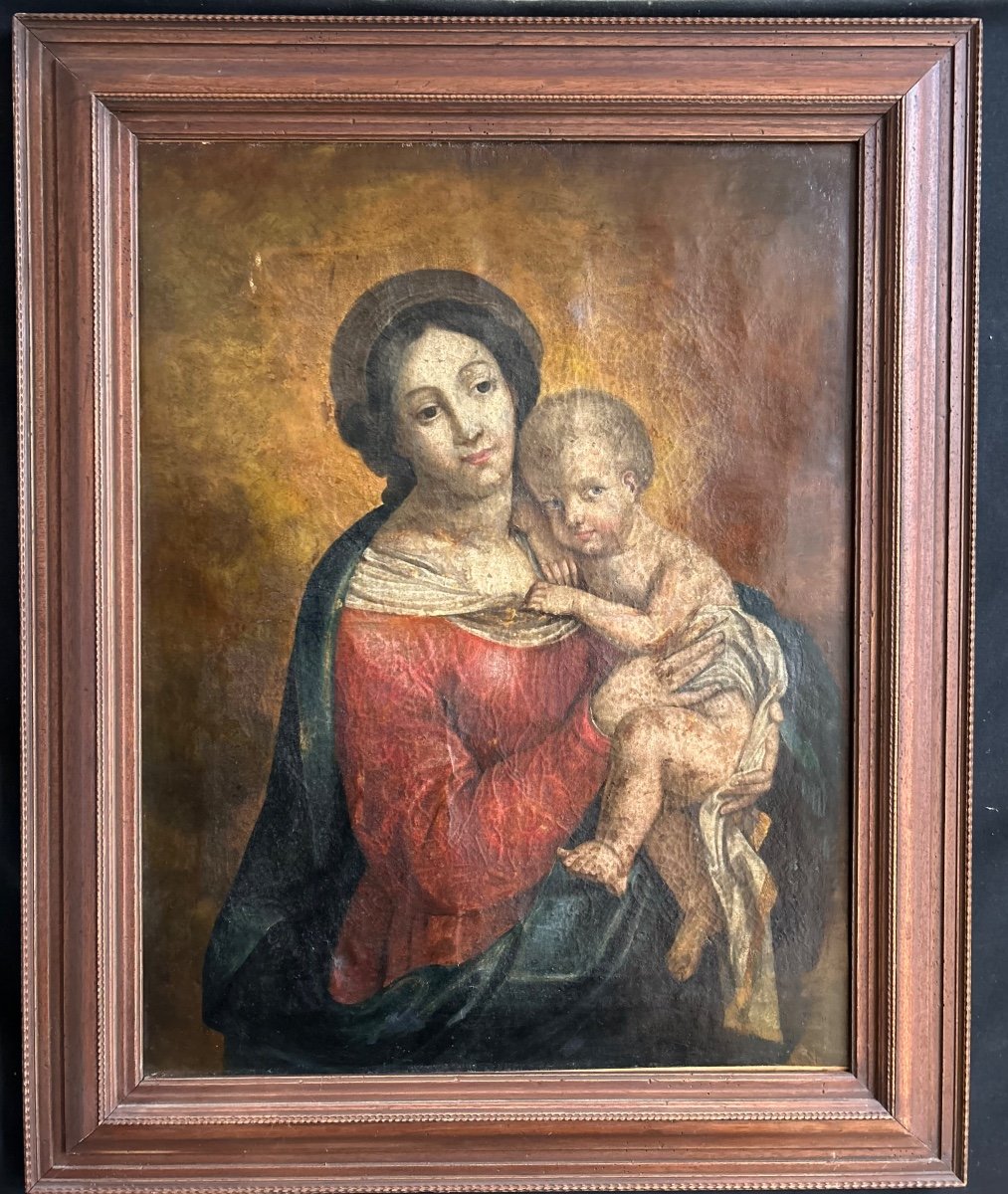 Huile Sur Toile "Vierge à l'Enfant" époque 18ème d'Après Pierre Mignard