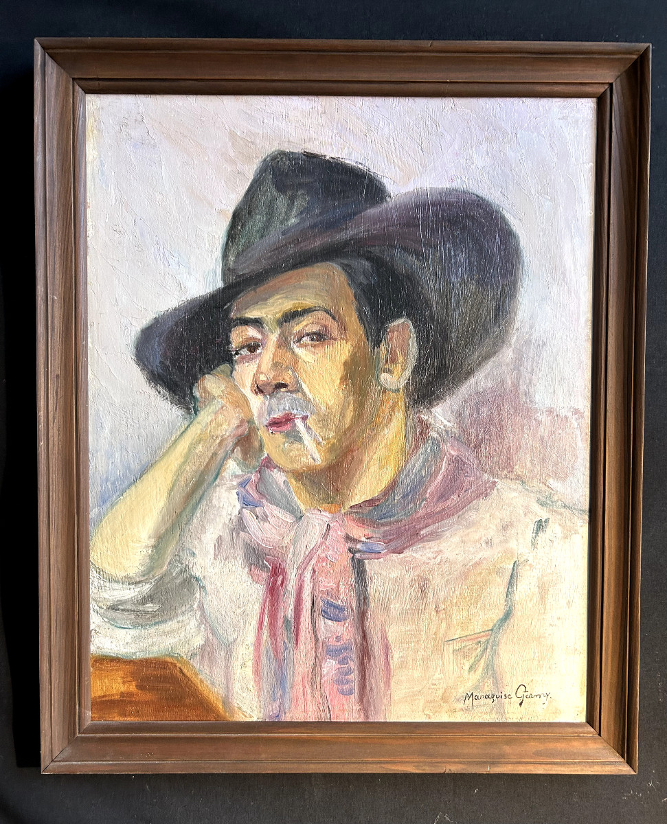 Oil On Panel "portrait Of A Man With A Hat" Signed By Maraguise Germy