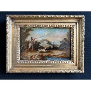 Oil On Metal Representing A Hunting Scene From The 19th Century