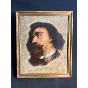 Huile Sur Toile Représentant Un Portrait De Profil d'Homme Barbu