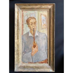 Oil On Canvas Depicting A Man With A Pipe