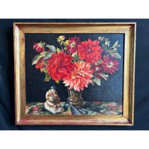 Huile Sur Toile Représentant Un Bouquet De Dahlias Rouges