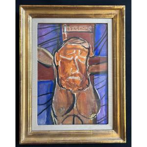 Gouache On Paper Representing A Stylized Christ Signed By Louis Latapie