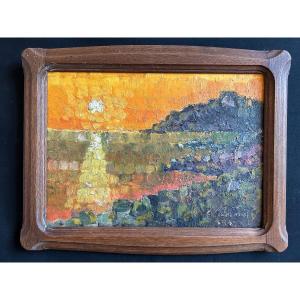 Oil On Isorel Representing A Sunset On The Sea