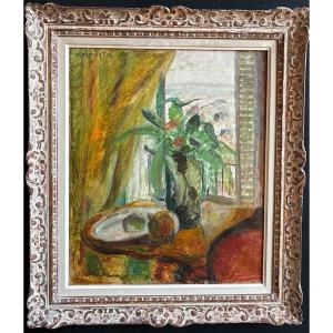 Huile sur toile représentant une nature morte en bord de fenêtre