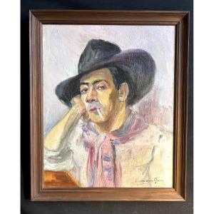 Oil On Panel "portrait Of A Man With A Hat" Signed By Maraguise Germy