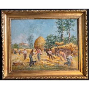 Oil On Canvas "haymaking" Signed Je Brunel