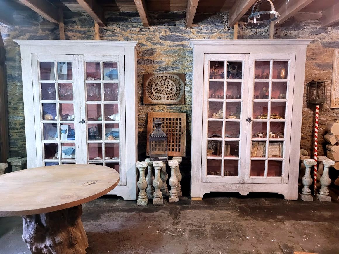 Pair Of Bookcases In Oak, Milky Patina, Glass Doors _ 20th