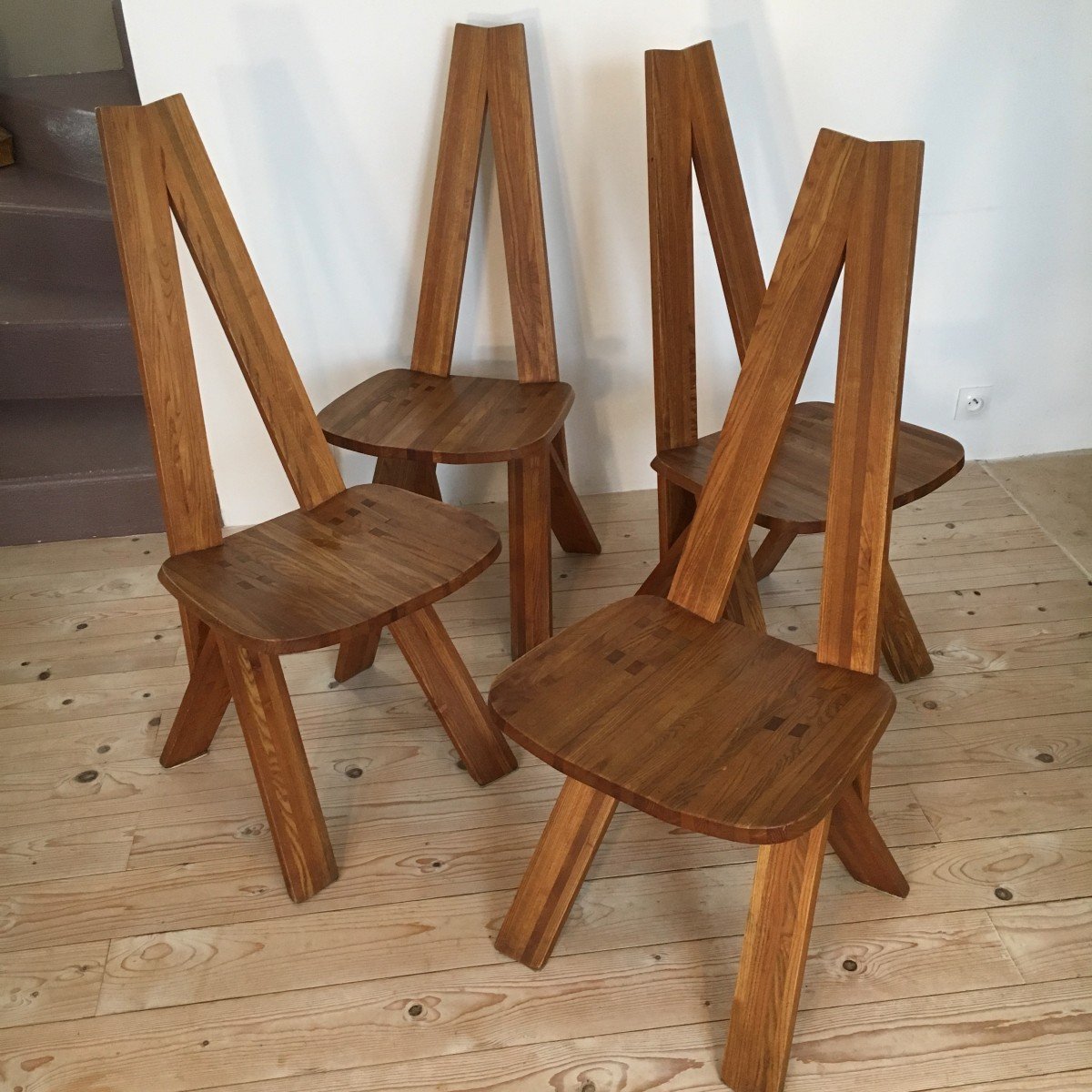 4 Chairs By Pierre Chapo In Solid Elm From The 1970s-photo-4