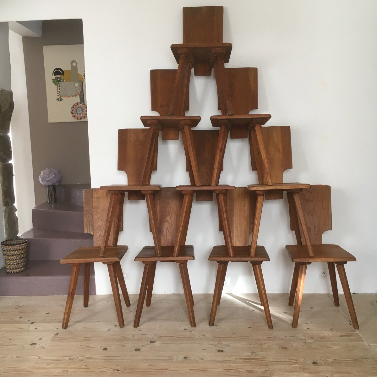 Series Of 10 Model S.28 Chairs By Pierre Chapo In Elm 1970
