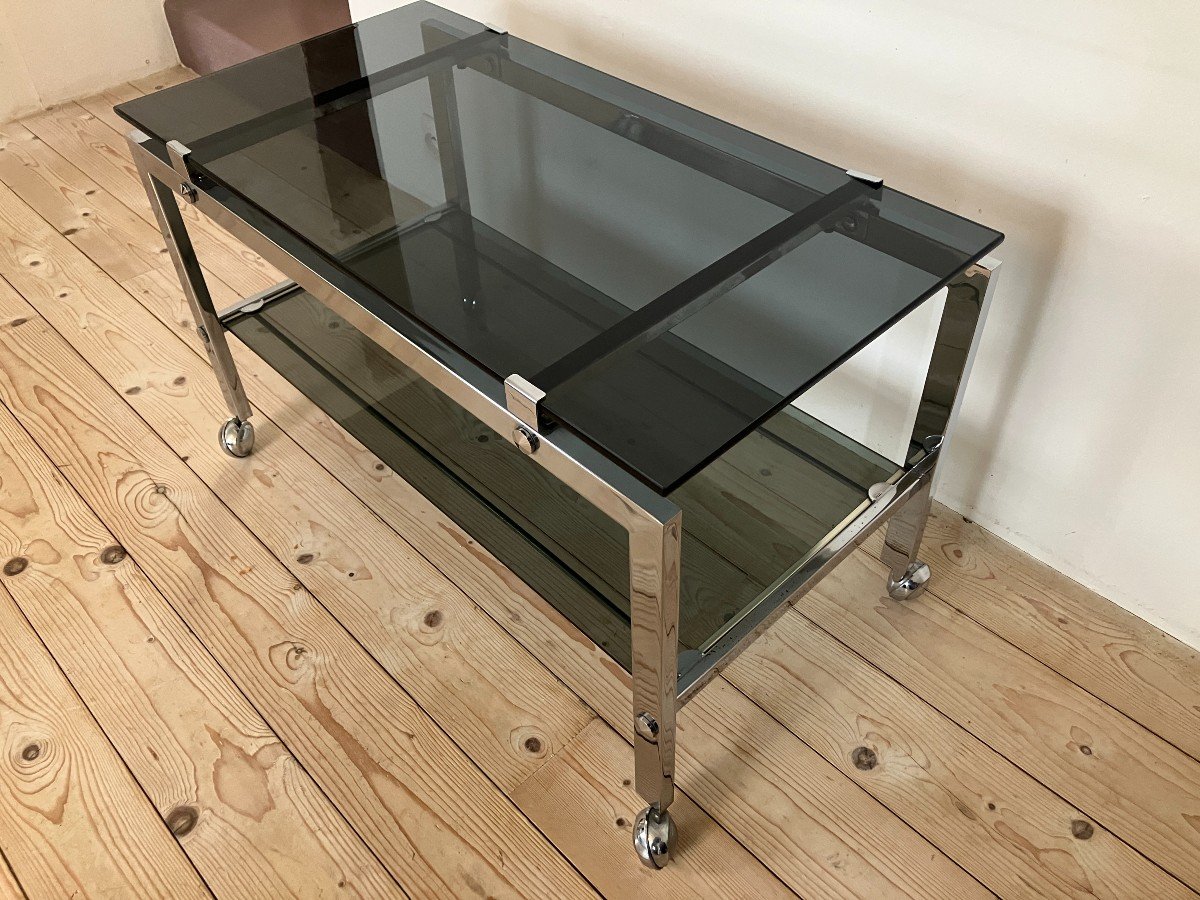 Table  Basse Des Années 1970 En Chrome Et Verre Fumé-photo-1