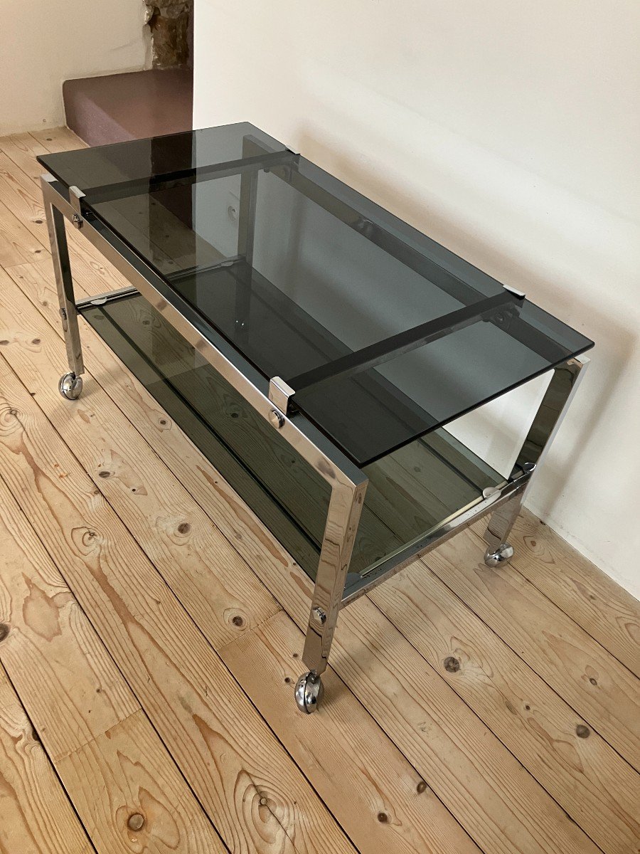 Table  Basse Des Années 1970 En Chrome Et Verre Fumé-photo-2