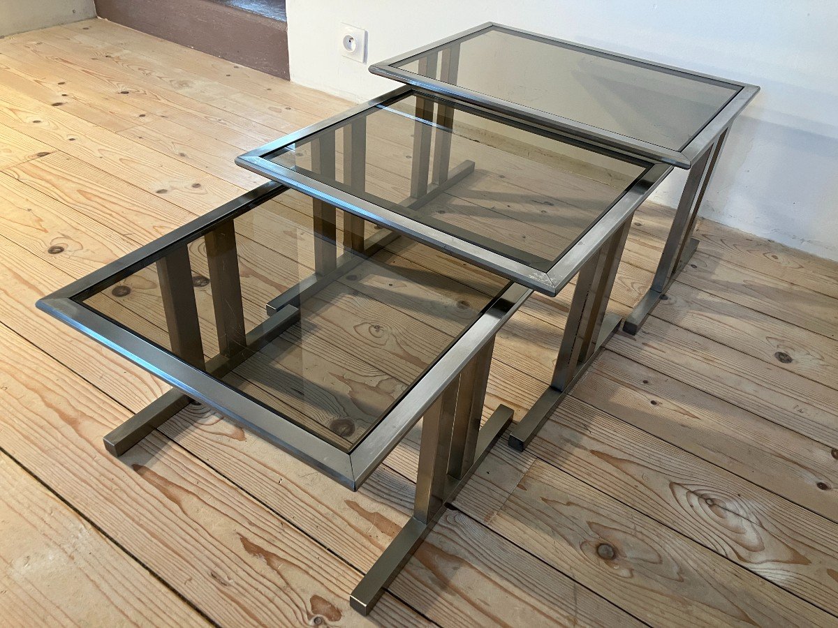 3set Of 3 1970s Nesting Tables In Brushed Metal And Smoked Glass