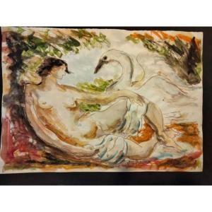 Aquarelle De Charles Dufresne - Léda Et Le Cygne Année 30