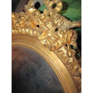 French Louis XVI Style Bow Knot Pediment Giltwood Wall Mirror For