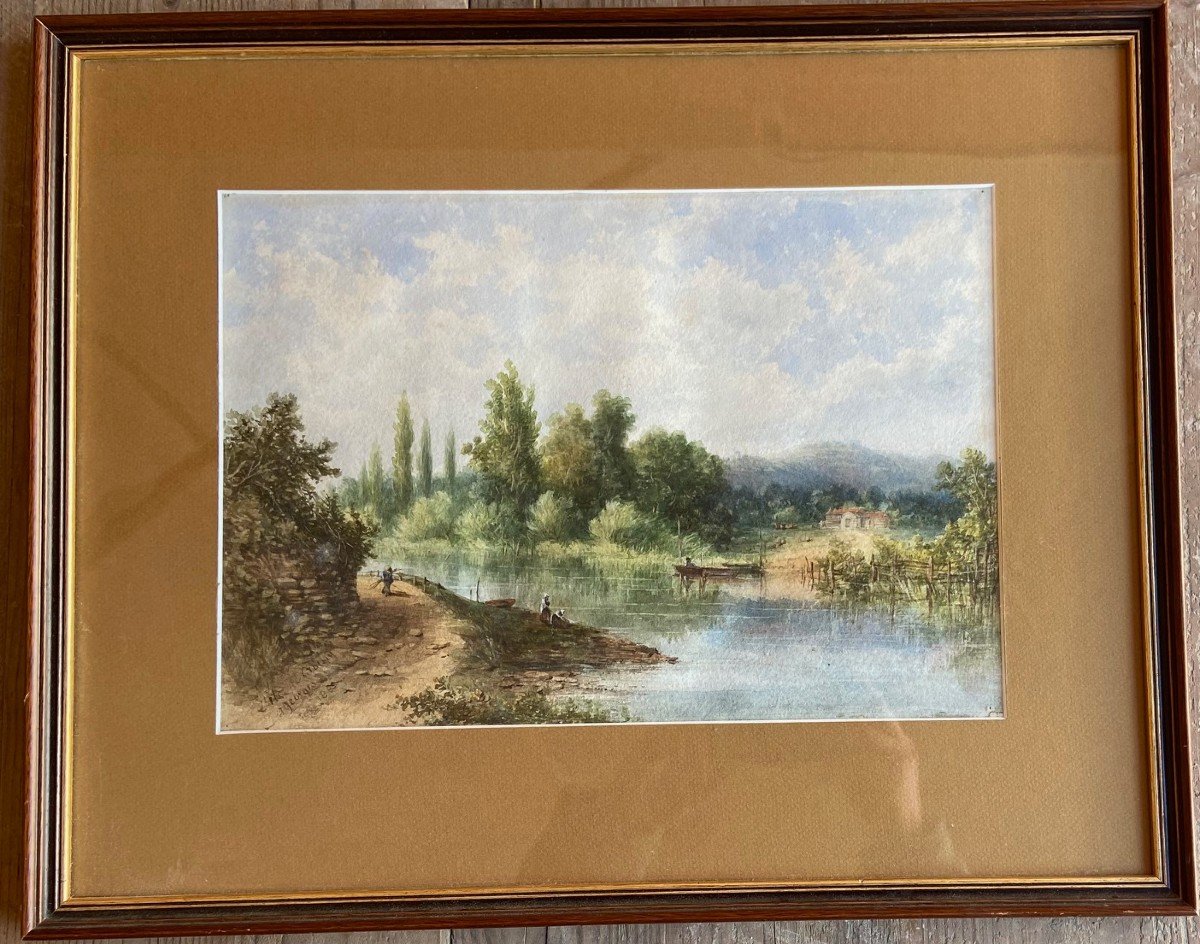 The Banks Of The Seine In Croissy Near Chatou. Watercolor Signed Georges 1889. Animated Scene-photo-2