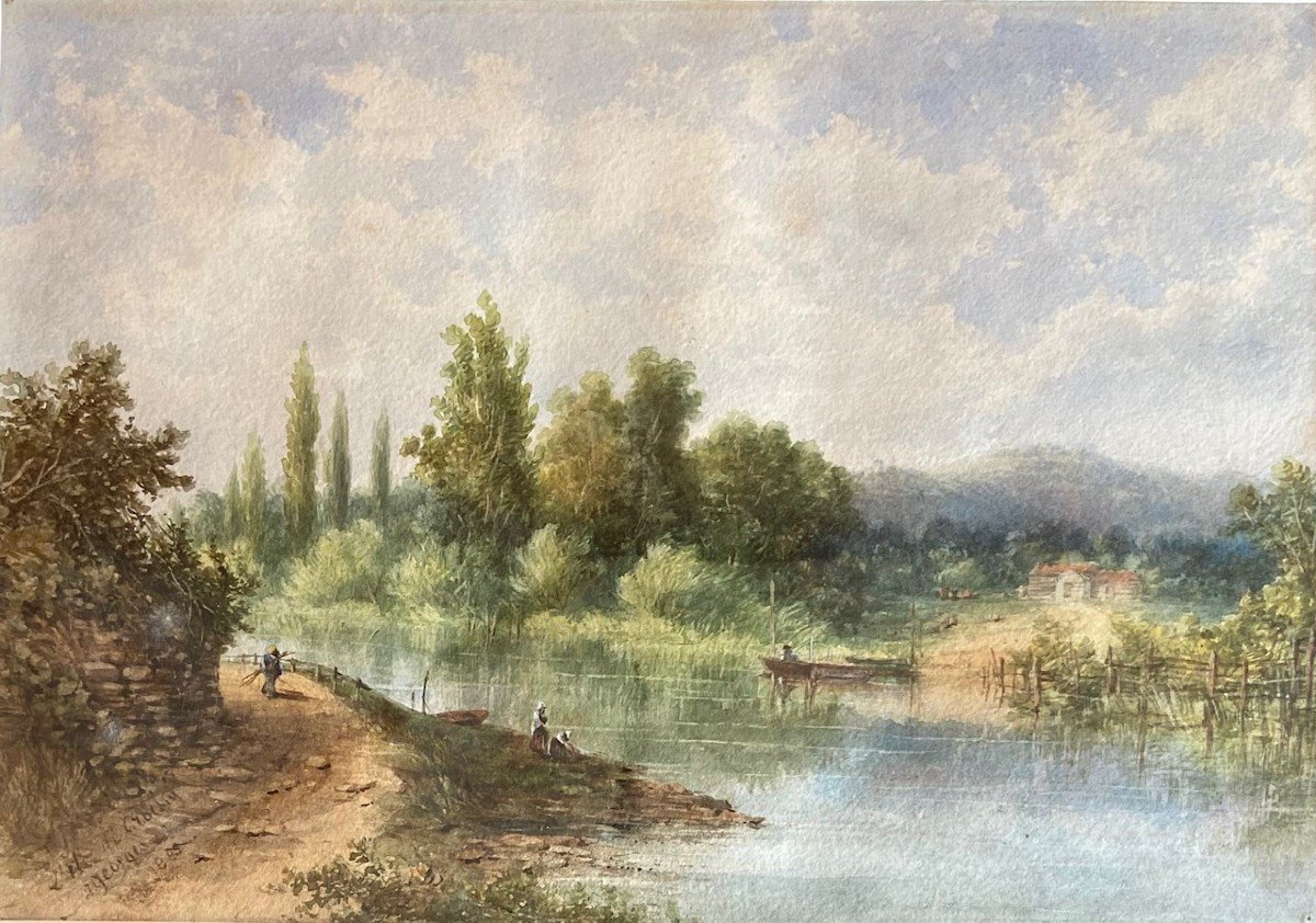 The Banks Of The Seine In Croissy Near Chatou. Watercolor Signed Georges 1889. Animated Scene-photo-4