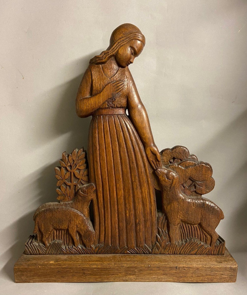 Henri Paul Rey, La Bergère Et Ses Moutons, Sculpture Sur Bois Art Deco