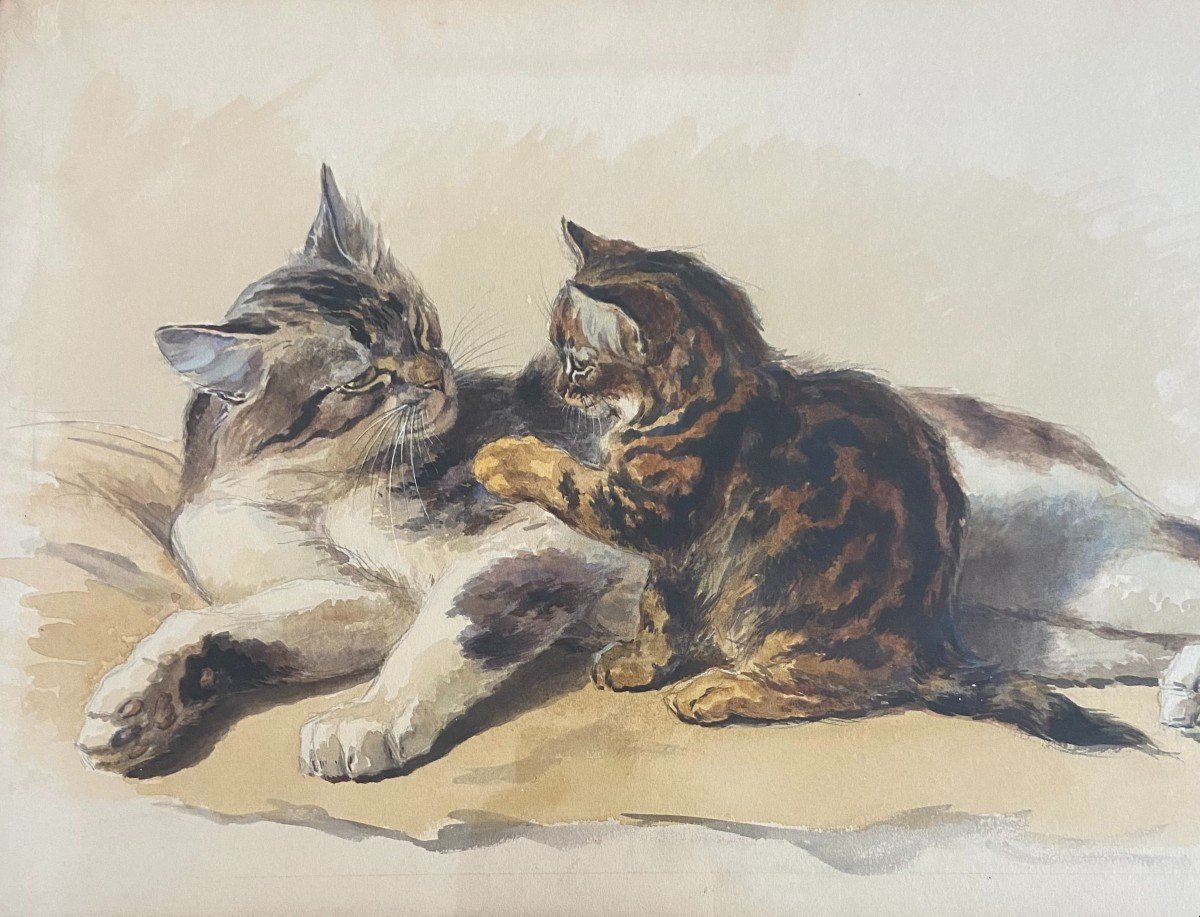 Ferdinand Oger, La Chatte Et Son Chaton, Superbe Aquarelle de chat-photo-2