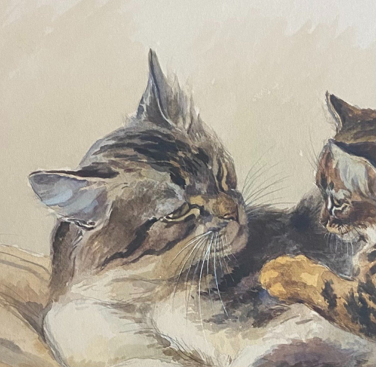 Ferdinand Oger, La Chatte Et Son Chaton, Superbe Aquarelle de chat-photo-4