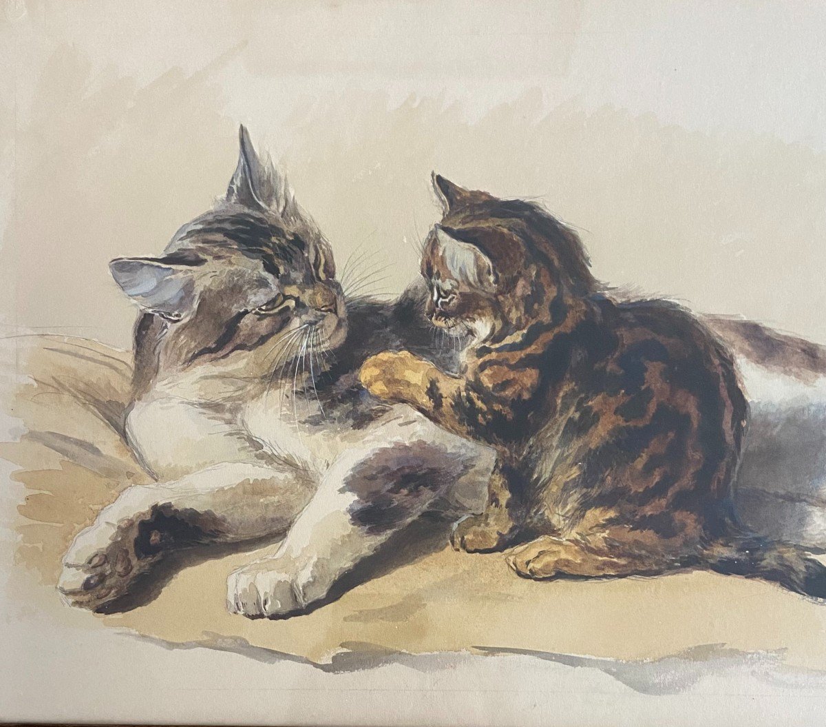 Ferdinand Oger, La Chatte Et Son Chaton, Superbe Aquarelle de chat-photo-2