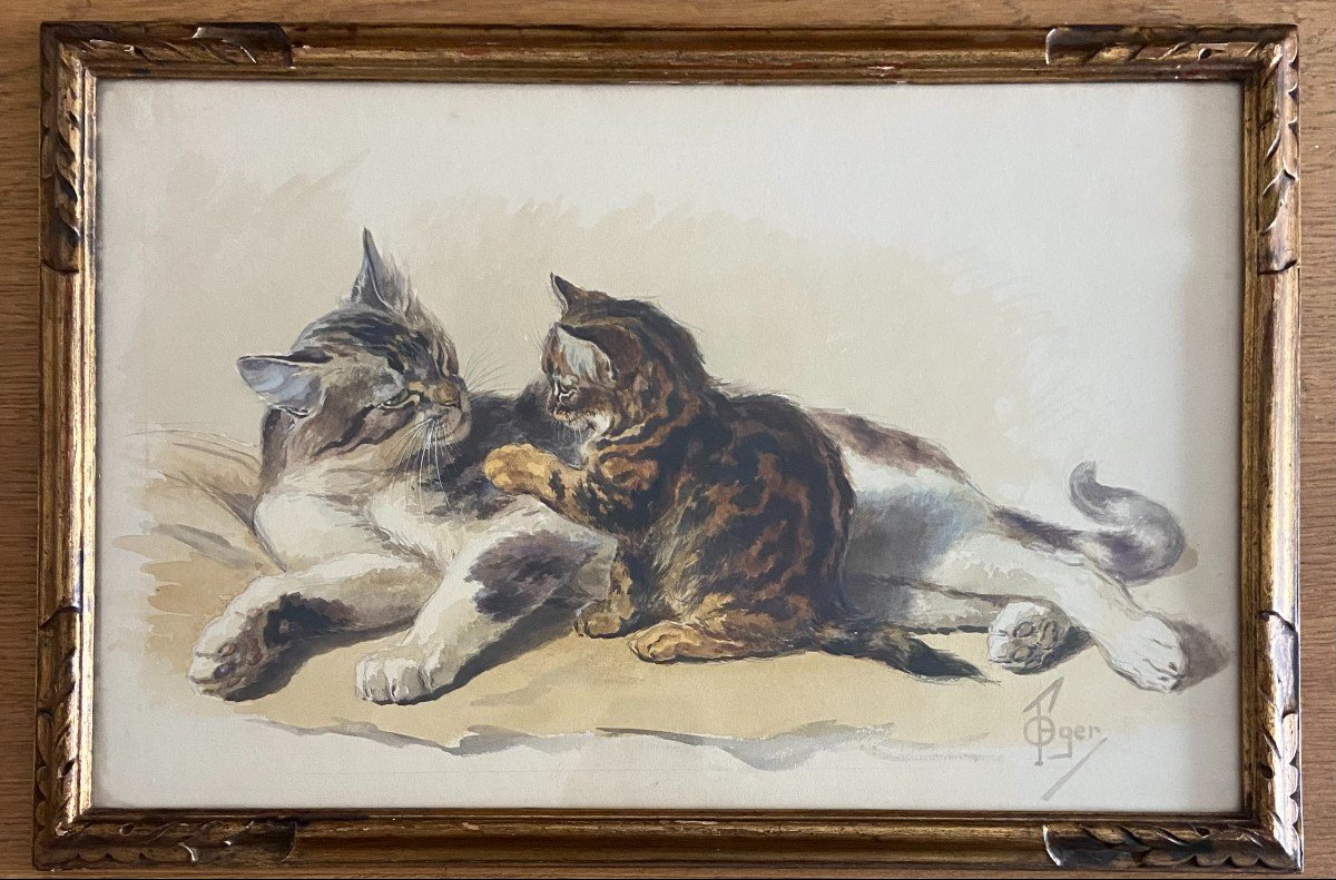 Ferdinand Oger, La Chatte Et Son Chaton, Superbe Aquarelle de chat