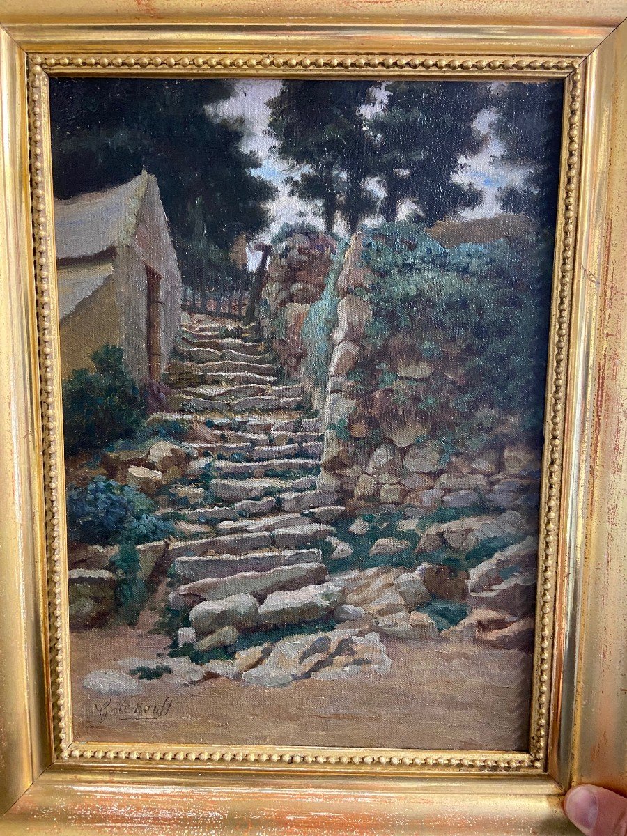 Gaston Renault, l'Escalier Au Fond Du Jardin. Huile Toile-photo-2