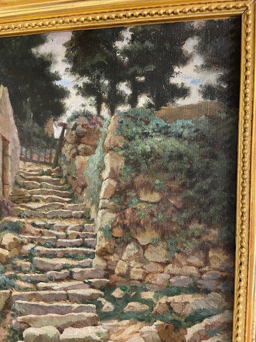 Gaston Renault, l'Escalier Au Fond Du Jardin. Huile Toile-photo-3