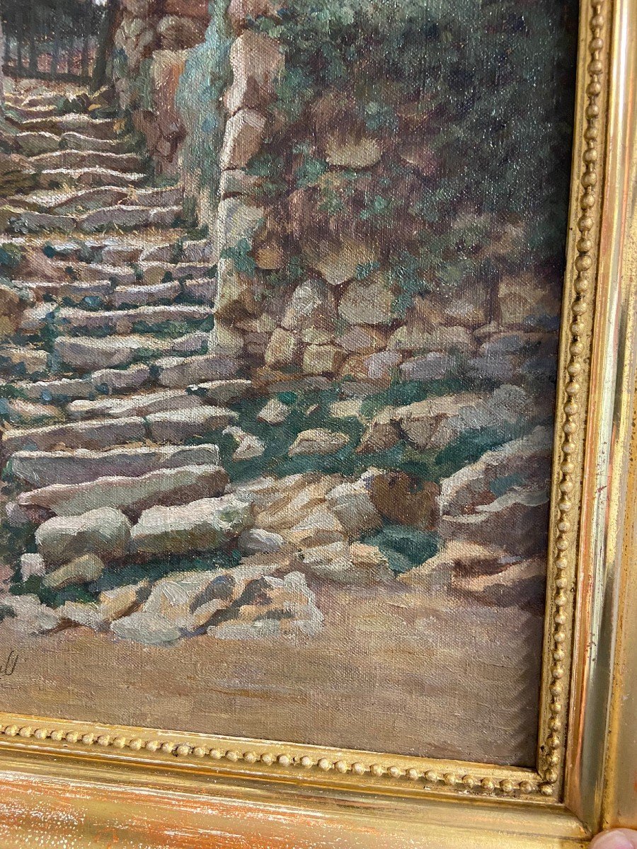 Gaston Renault, l'Escalier Au Fond Du Jardin. Huile Toile-photo-4